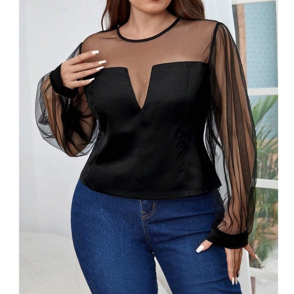 Plus Black Semi Sheer Long Sleeve top - Picture 4 of 5